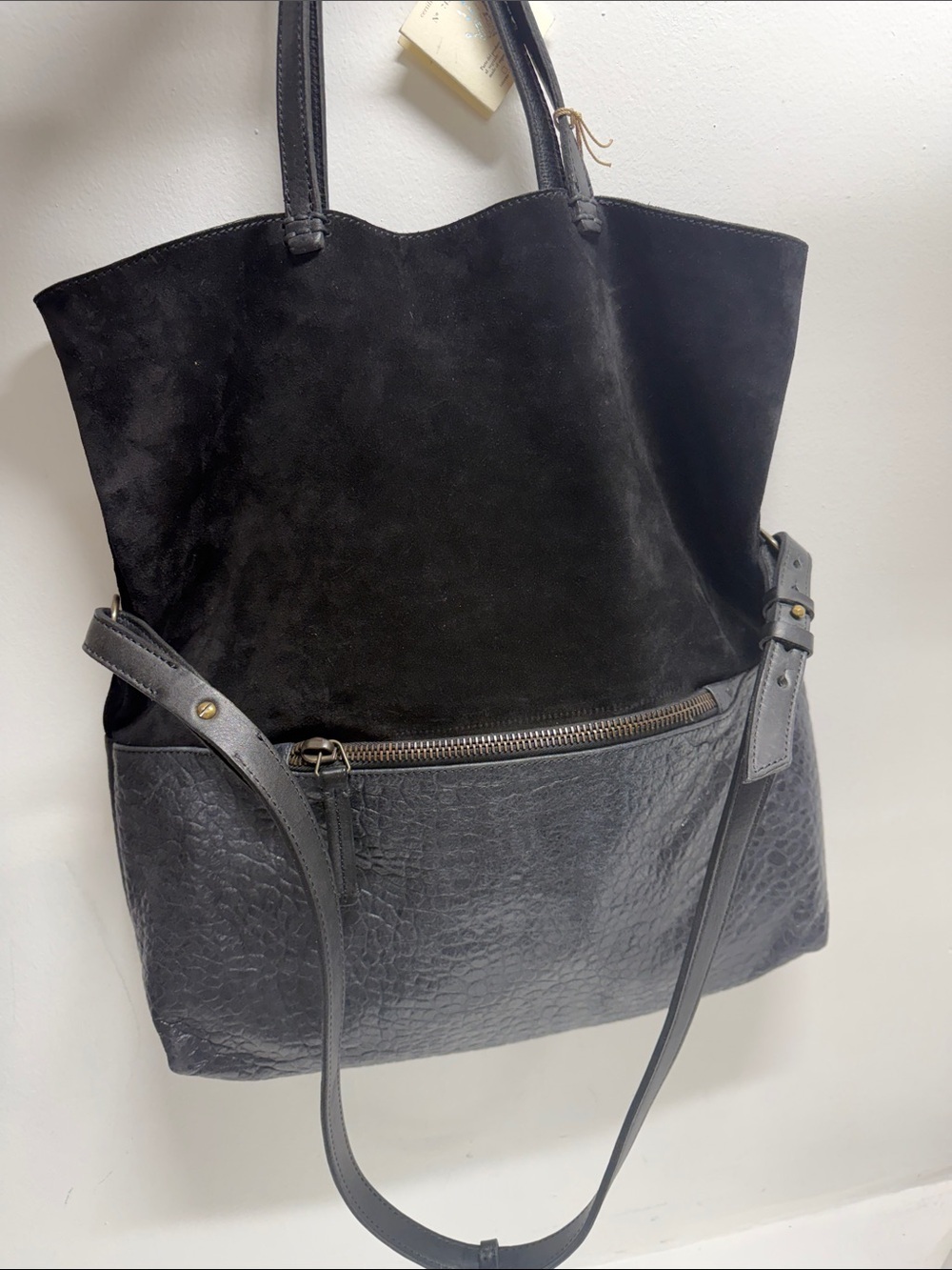 49 Square Miles Fold Over Leather Suede Crossbody Tote Purse Bag Black New - Picture 9 of 12
